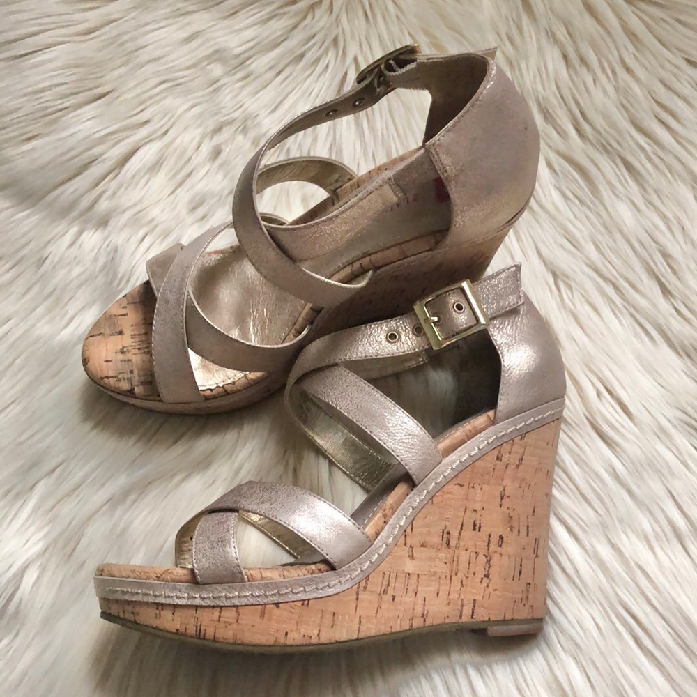 Elaine Turner Gold Strappy Cork Wedge Metallic